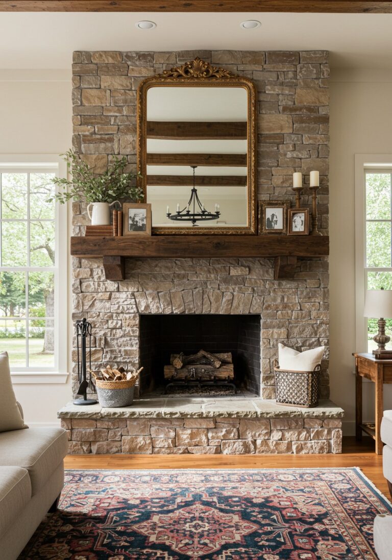 Farmhouse Fireplace with a Statement Mirror Farmhouse Fireplace Decor